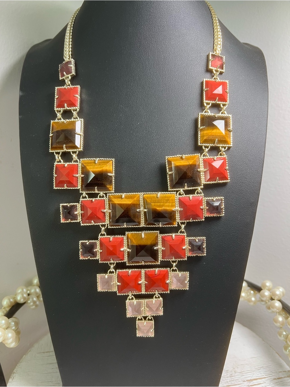 Kendra Scott Gold Tone Tigers Eye Amethyst & Rose Quartz Bib Necklace D7